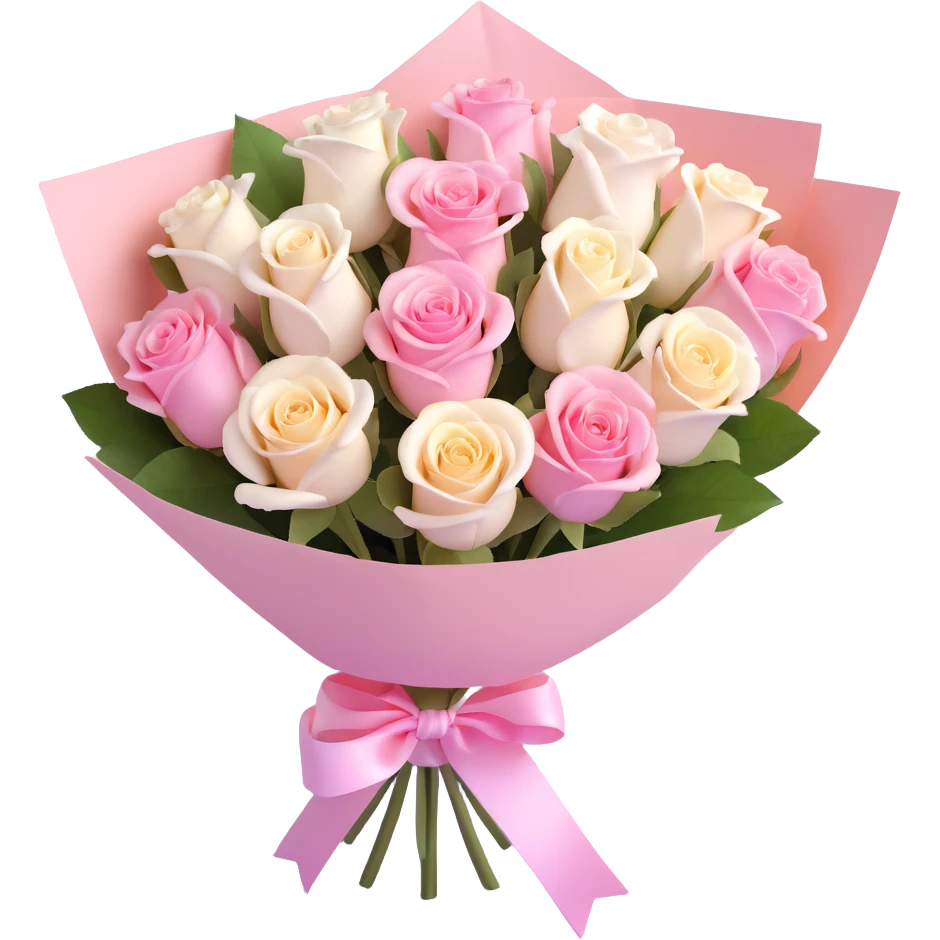 bouquet of pink and white roses wrapped in pastel paper with a ribbon, glossy finish, realistic textures, modern and clean look, soft lighting emoji