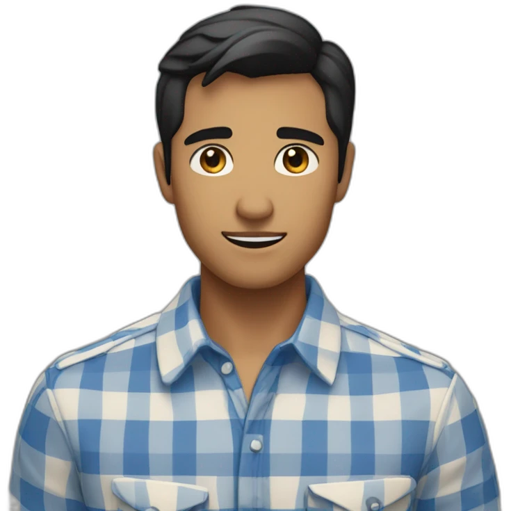 Tan man with short black hair and a gingham white/marine blue buttoned collar shirt emoji