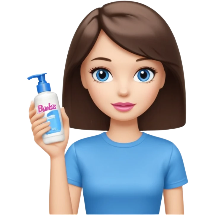 Barbie girl with makeup, blue eyes , and bob long haircut, short brown hair in creamy color T-shirt, holding a facial Wash Cream in her hand emoji
