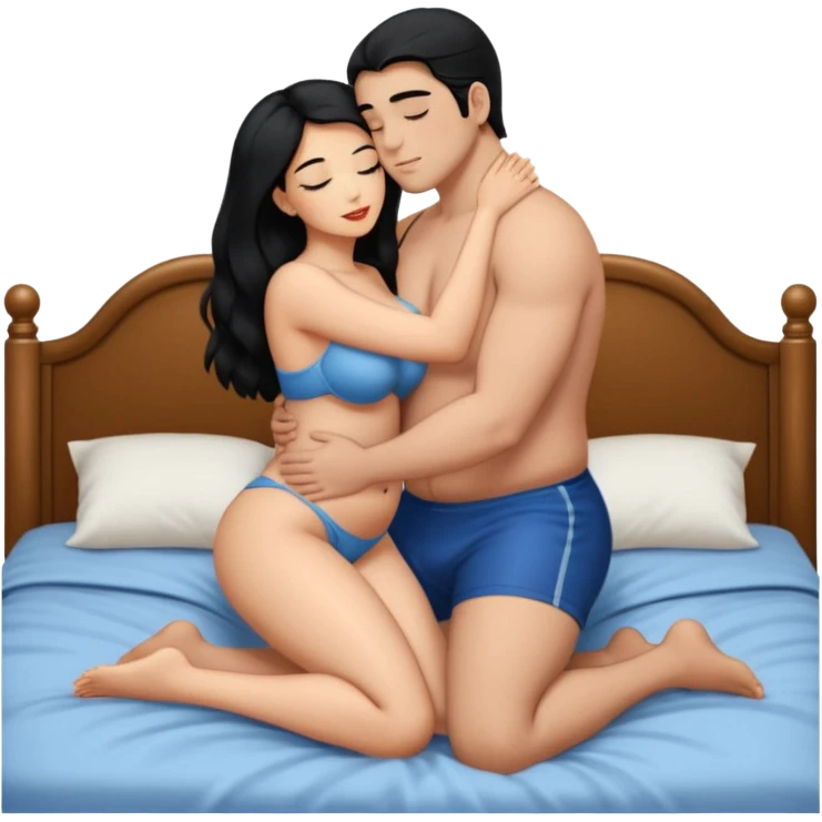 Девушка и мужчина голые лежат на кравати в обнимку, она большие сиски, большая жопа, черные волосы. Он средного телосложения, короткие волосы. Они голые целуется. Видны все тело emoji