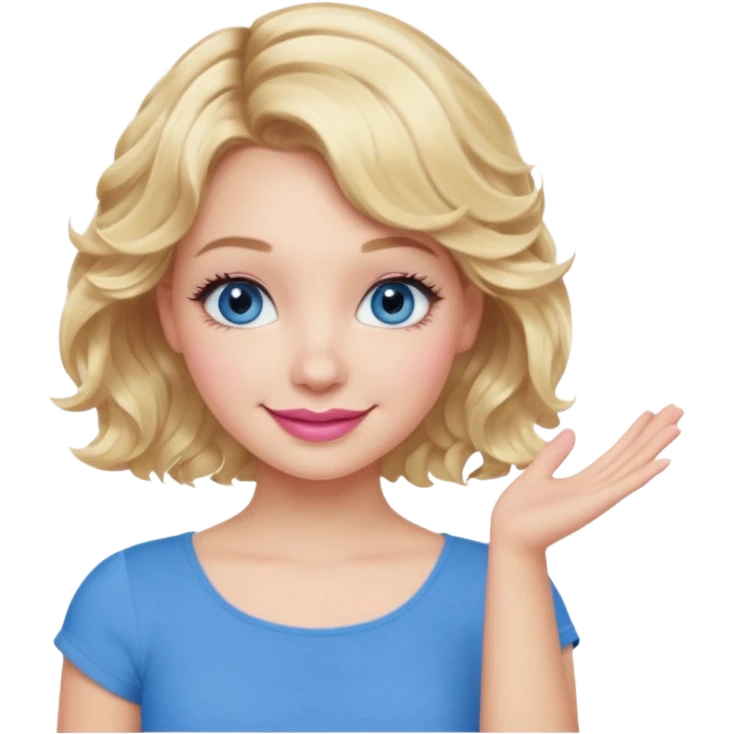 Girl Blonde short wavy hair,  blue eyes, cute blue top, long lashes, pink lips, smiling, one hand 🤷🏼‍♀️  emoji