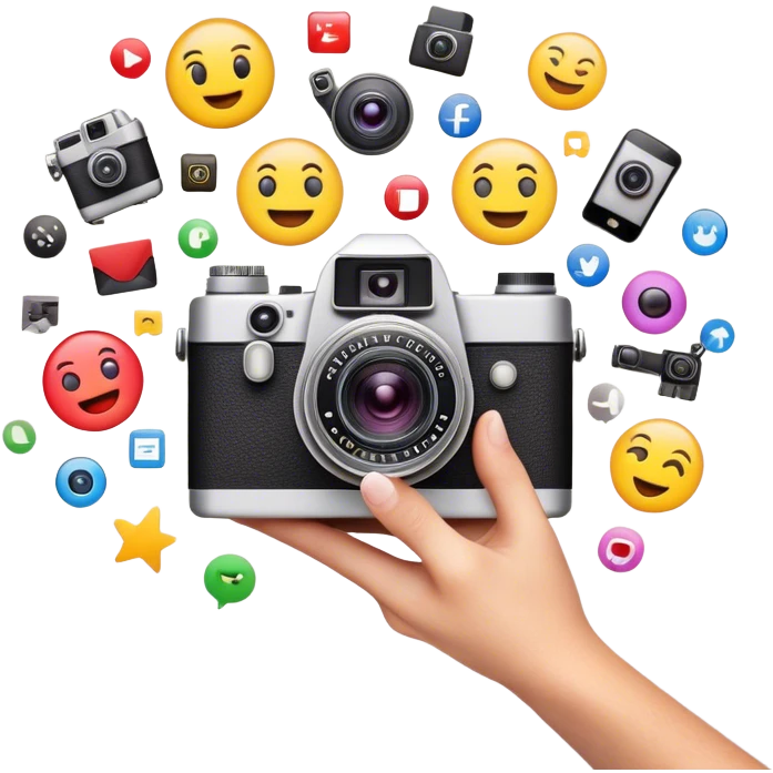 a composition of various media and technology-related emojis, arranged in a visually appealing way. At the center, there is a vintage-style camera emoji with a bright flash effect, symbolizing photography. A hand holding a smartphone emerges from behind the camera, representing digital and mobile content creation. Surrounding the central camera are a film camera, a laptop, and a smartphone with a colorful app grid, illustrating video production, digital work, and social media. The design is clean, modern, and conveys a theme of multimedia, content creation, and technology. emoji