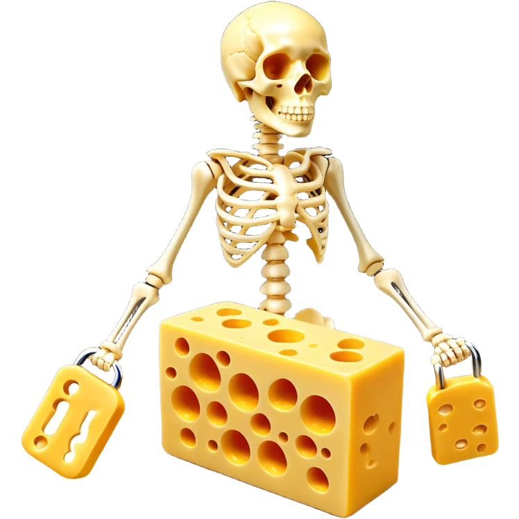 K2-rich foods (cheese, egg yolk, natto) transforming into golden keys that unlock bone structures, guiding glowing calcium particles to strengthen the skeleton. The keys simultaneously block calcium from entering arteries, showing how vitamin K2 acts as a wise guardian of calcium distribution. emoji