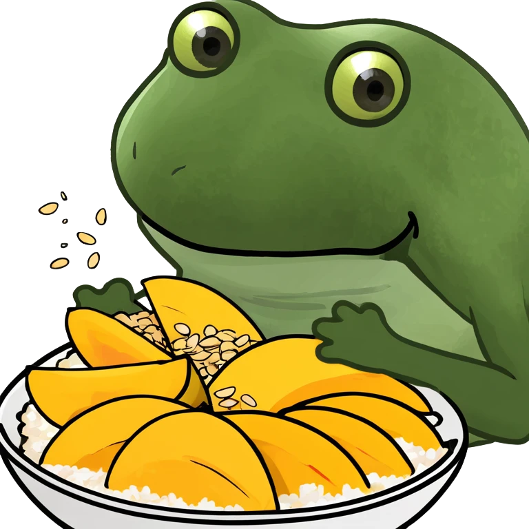Sliced mango on rice topped with sesame seeds emoji