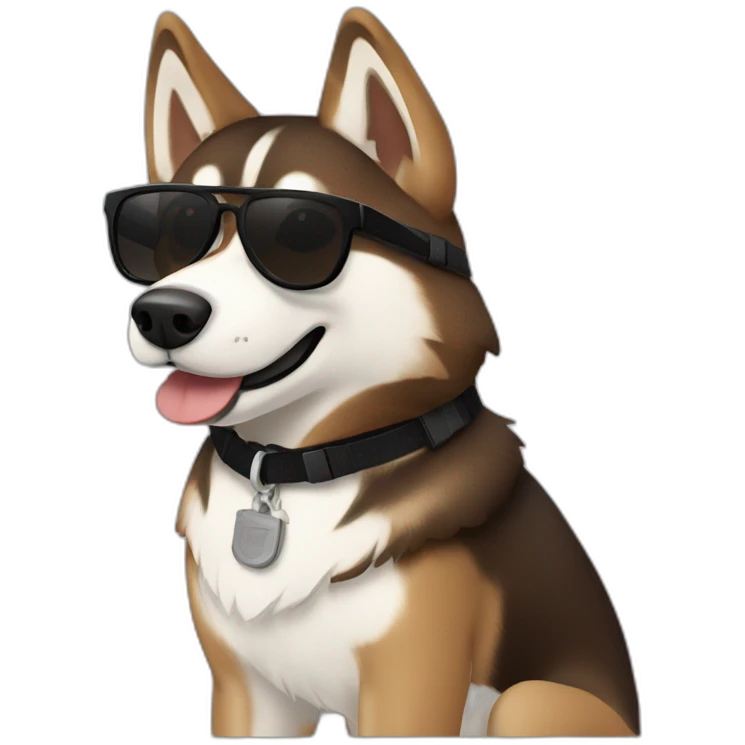 Brown husky in black wayfarer looking cooln emoji