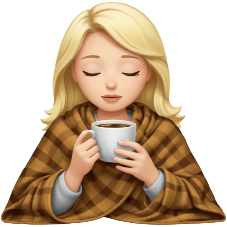 Blonde girl inside a blanket sipping coffee eyes closed emoji