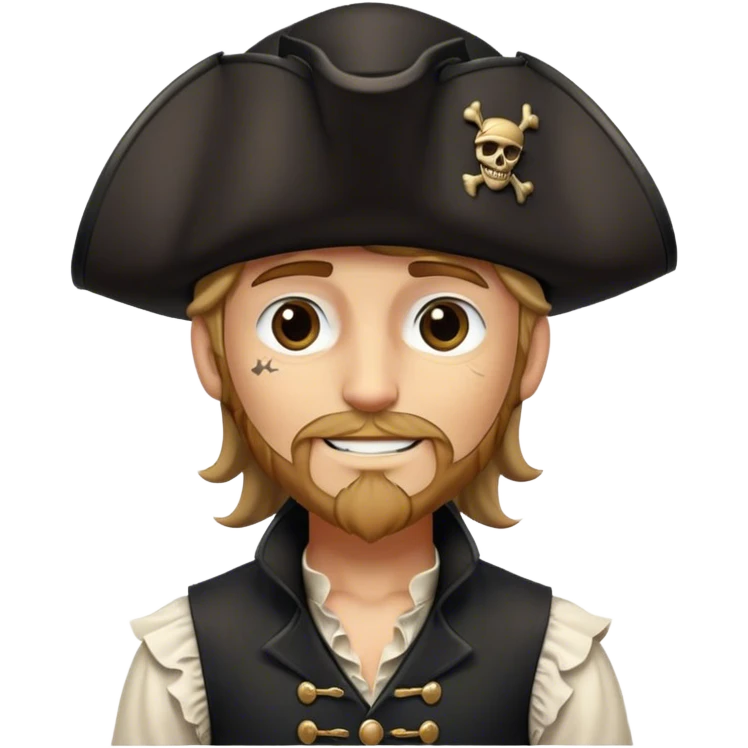 A kindhearted pirate in a black ruffled shirt, black waistcoat, and an ornate black hat, his friendly gaze welcoming emoji