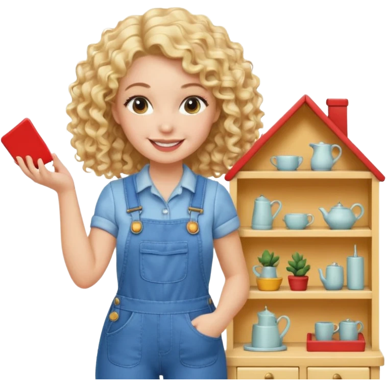smiling blonde curly woman arranging furniture in doll house with overalls emoji