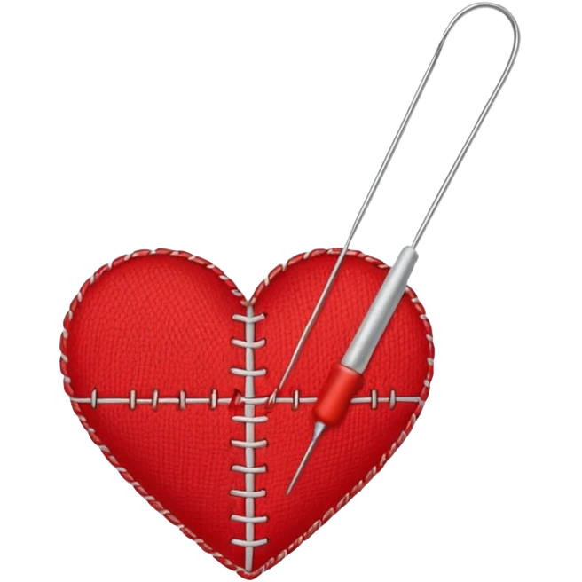 Heart stitched mid-sew, needle still pulling thread emoji