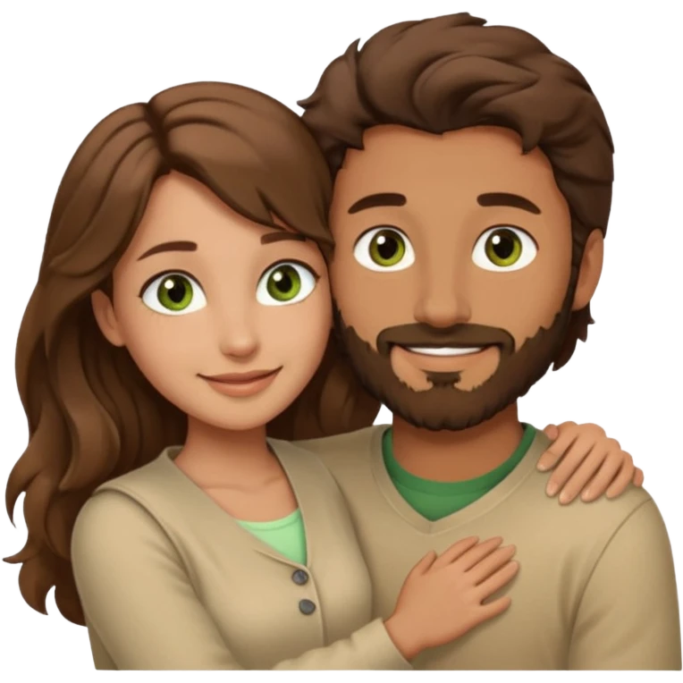 a man with short brown hair and brown beard with brown eyes and a girl with long brown wavy hair with green eyes, togheter. Beige clothes, hugged each other emoji