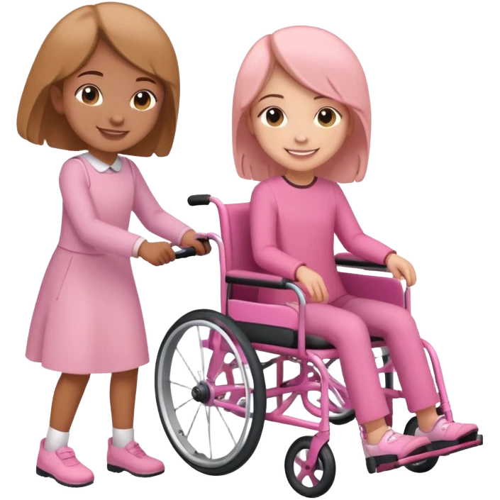 One light brown sister pushing her brown sister in a pink wheelchair emoji