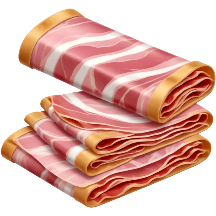 Prosciutto di Parma, thin folded slices, pink to red, white fat ribbons, silky, translucent, curled or rippled, smooth creamy fat, marbled, clean 3D, soft lighting, transparent background, emoji scale emoji