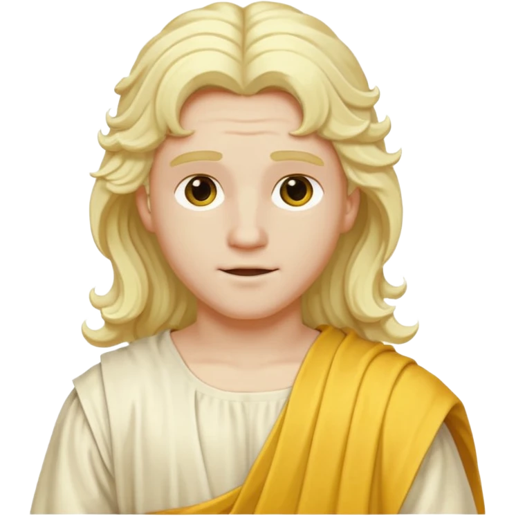 Apollo from Olympus Gods with long white blonde wavy hair, yellow toga emoji