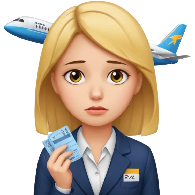 Девушка в офисном костюме, грустная, с билетами на самолет в руках  emoji