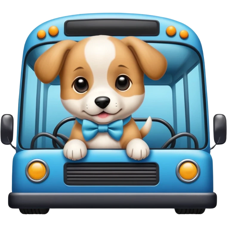 A cute puppy with bow on head driving bus emoji