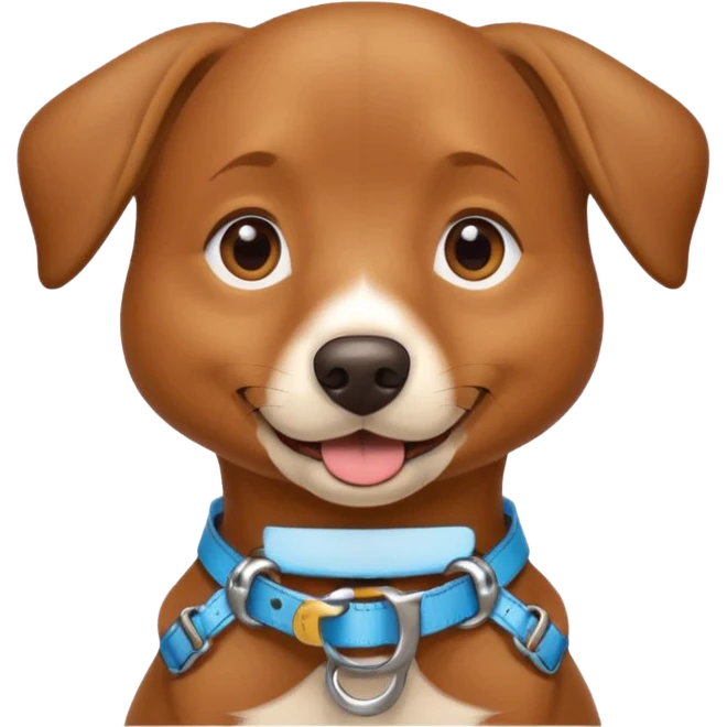A friendly brown dog sitting upright with its tongue out and ears relaxed. The dog wears a tan harness and collar, giving a trained, service-dog look. Its expression is happy and attentive, with bright eyes and a slightly open mouth. emoji