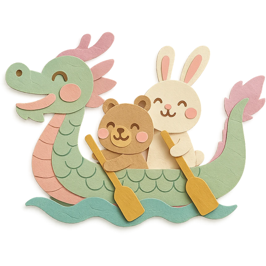 chubby dragon boat with cute animal rowers paddling joyfully, pastel tones, festive background, paper-craft style emoji