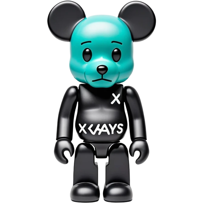 Bearbrick figure with signature KAWS X eyes, simplified toy bear shape with articulated limbs emoji