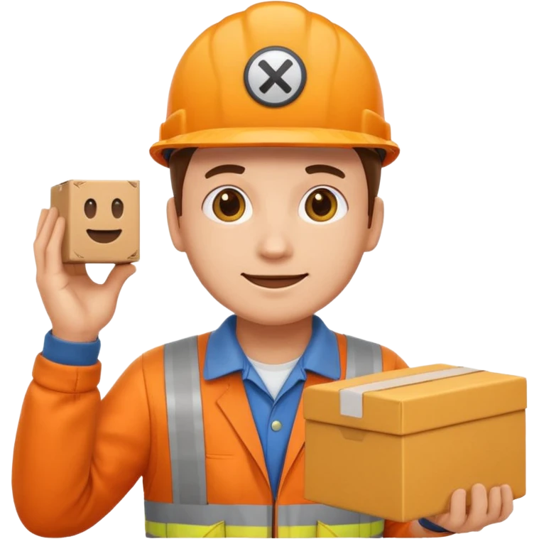 emoji style railway engineer full body in orange overalls, carrying a box with both hands emoji