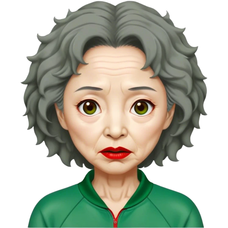 Han Mi-nyeo: Age Late 80s
Appearance: A crazy woman with many wrinkles face, frizzy, very messy dark brown hair and dramatic red lipstick.
Outfit: Green player tracksuit emoji
