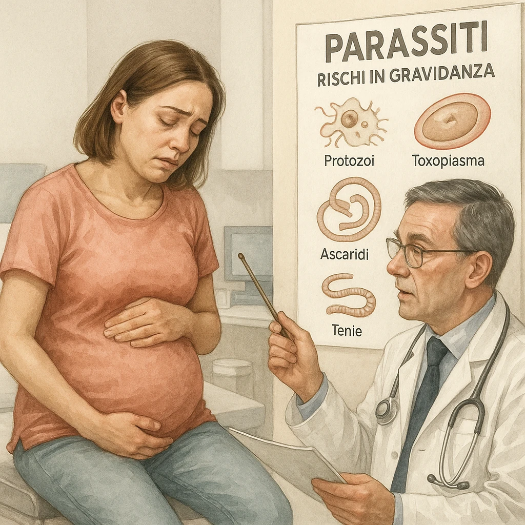 realistic medical illustration of a pregnant woman sitting in a medical office, looking tired with one hand on her abdomen, a doctor showing a stylized diagram of parasites and explaining the risks during pregnancy, educational tone, respectful details, labels in Italian emoji