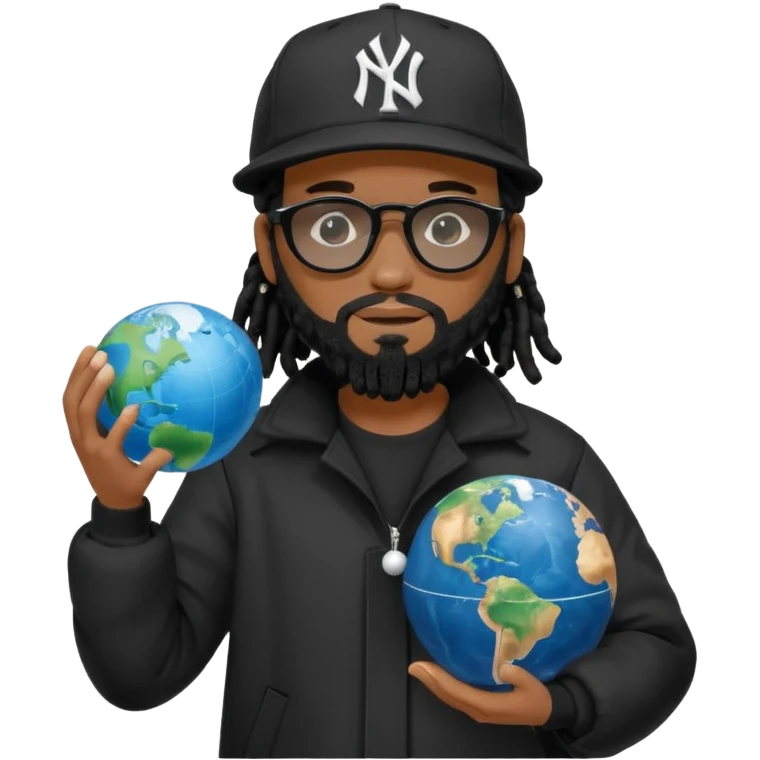 African American man with shoulder length black dreadlocks with black beard wearing black sunglasses wearing a black New York Yankees logo baseball cap wearing a black bubble winter coat holding a Globe in his hands emoji