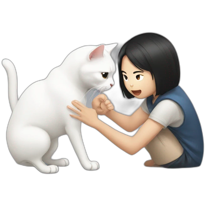 asian girl and boy fighting over a white cat emoji
