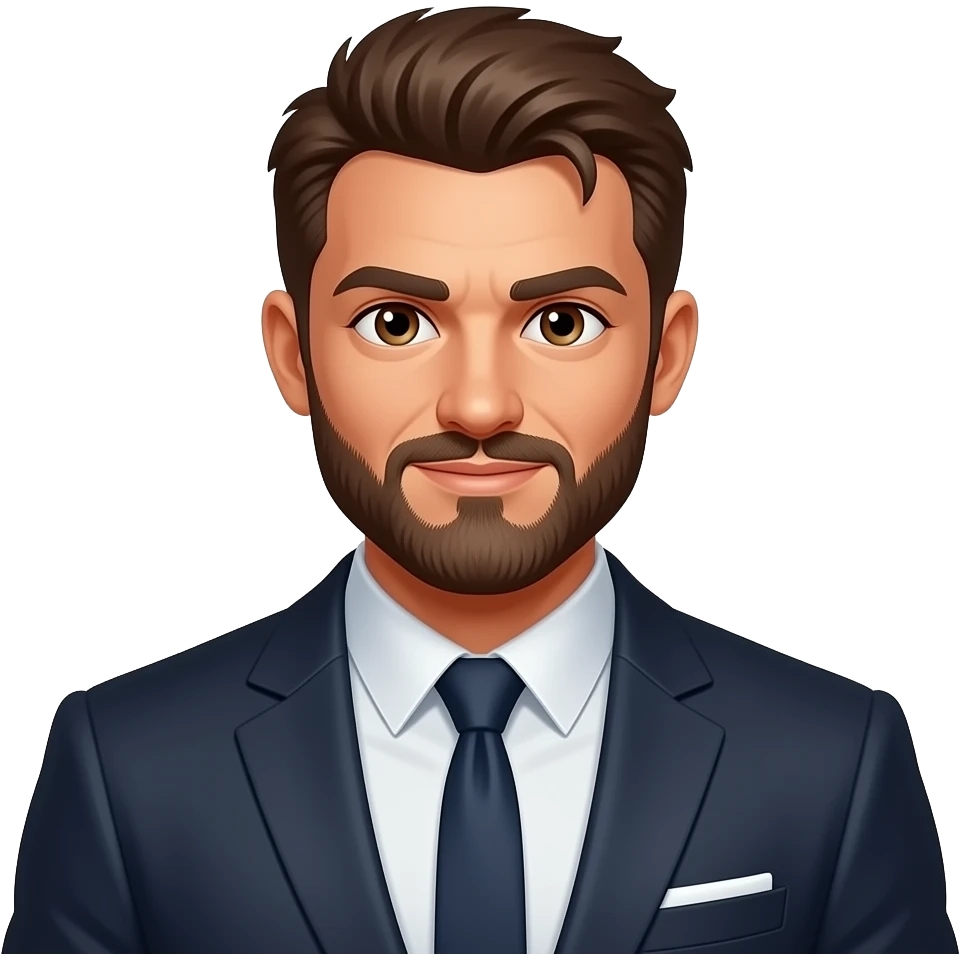 homme, cheveux châtains, barbe, yeux marrons, en costume, musclé emoji