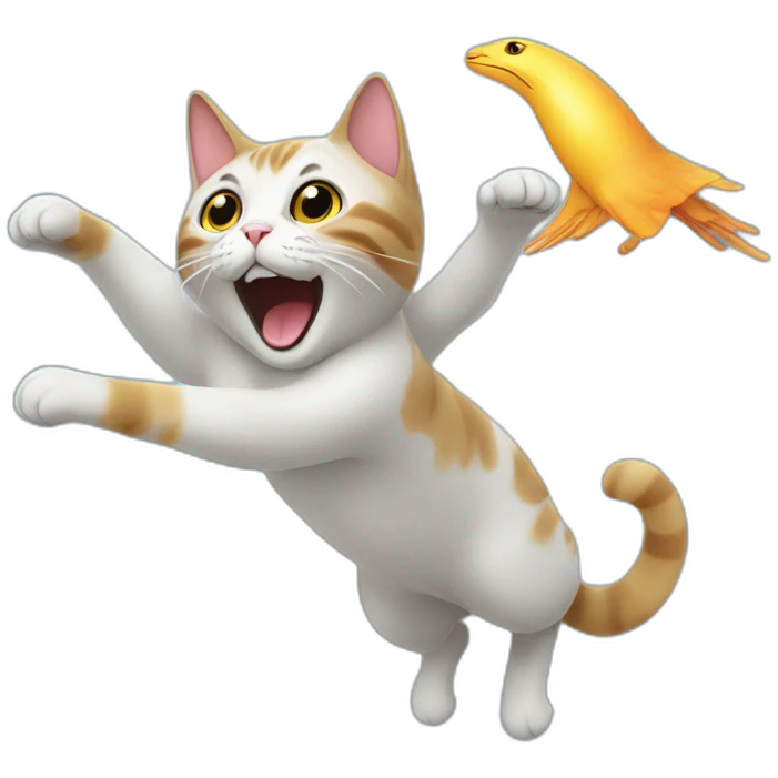 Cat flying like a bird in the space with an dancing alien emoji