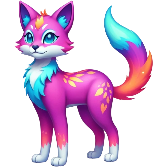 Vibrant multicolored neon-colored Falvie-Fionbri-creature-sparkle-feline-fursona, full body emoji