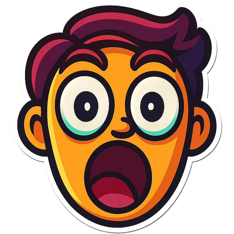 Create a cartoon sticker with a surprised expression in the style of Flux Pro, with a transparent background. The style should reflect the vibrant and pop colors typical of Flux Pro style. emoji