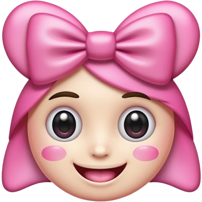 surreal and kawaii emoji face with huge sparkling cartoon eyes, a wide realistic human smile with perfect teeth, pink cheeks, and a big pink bow on its head. The background is transparent. Above the head, the text "kawowiwo-wiwi" is written in a playful, handwritten font emoji