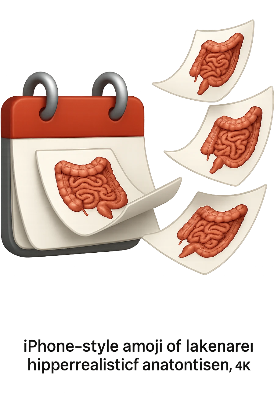 emoji stile iphone di un calendario con fogli che volano insieme, sui fogli ci sono disegnati degli intestini anatomici, iperrealistico 4k, isolato su sfondo bianco emoji