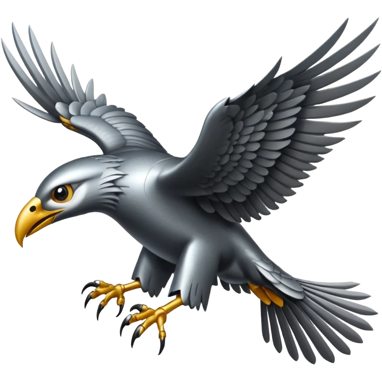 Emoji-style icon of a large metallic predatory bird flying, sharp wings, steel texture, dramatic pose, no gold emoji