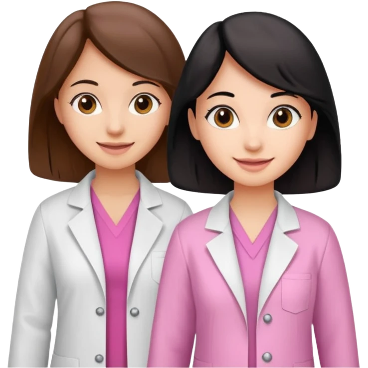 cientificas con blusa rosa y bata blanca felices, una chica con pelo marrón y otra chica con pelo negro emoji