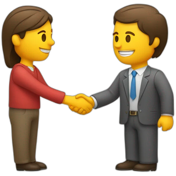 a seller and customer making a hand shake and give a product two white people  emoji