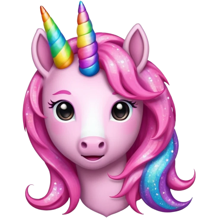 pink glitter unicorn emoji with rainbow mane and rainbow horn emoji
