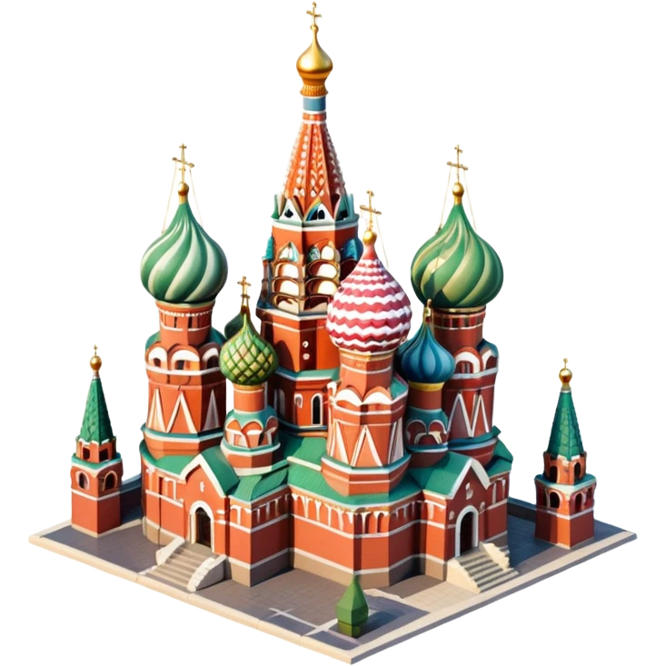 Isometric illustration of Moscow, featuring Saint Basil's Cathedral with colorful onion domes, hand-drawn painterly details, subtle texture on bricks and roofs, realistic shadows and soft lighting, muted yet vivid color palette, diorama miniature effect. emoji