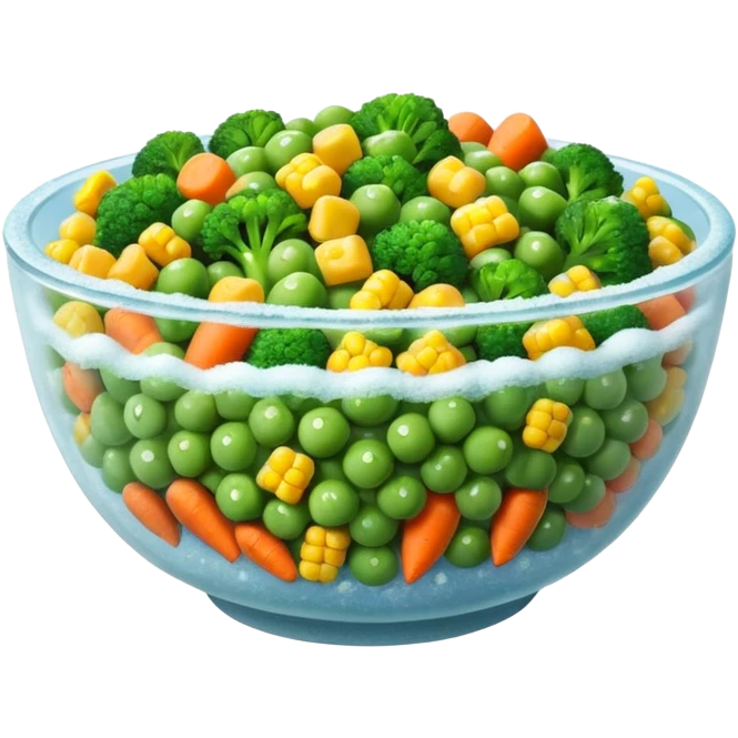A close-up of a bowl filled with frozen mixed vegetables — peas, carrots, corn, and broccoli — covered with a light layer of frost. The colors are bright but slightly muted from freezing. Natural lighting, high-detail macro food photo. emoji