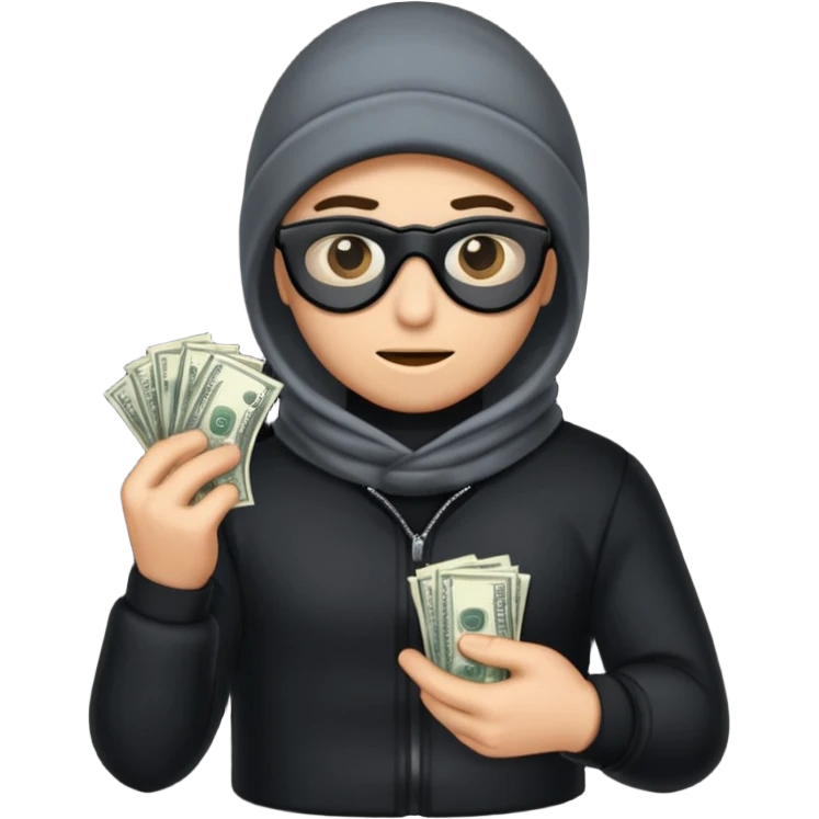 Robber with money na mão direita com uma blusa de frio preta e moreno emoji