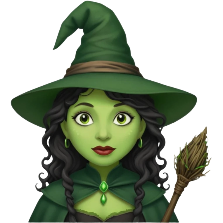 elphaba the wicked witch from wicked movie (cynthia erivo) dark long curly hair, thick lips, green skins, witch hat, witch broom, evil, wicked musical film  emoji