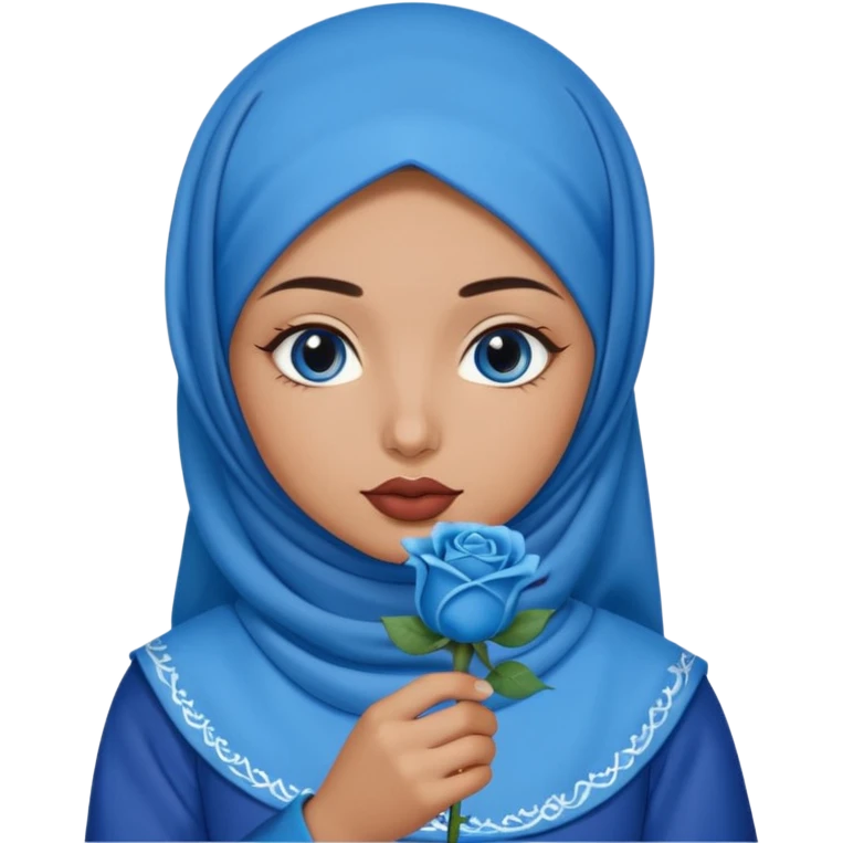 Turkish beautiful finish Konya girl blue eyes with blue hijab islamic dress and had on her hand blue rose design lipstick and hold it emoji