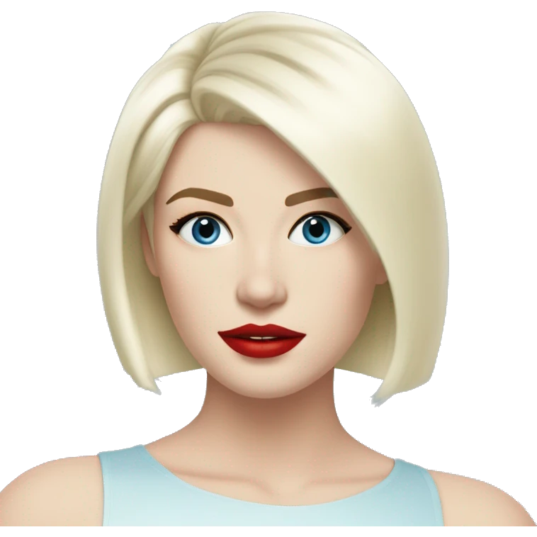 platinum blonde young woman, coral red lips, blue yes, pale skin, straight hair, shoulder length bob haircut emoji