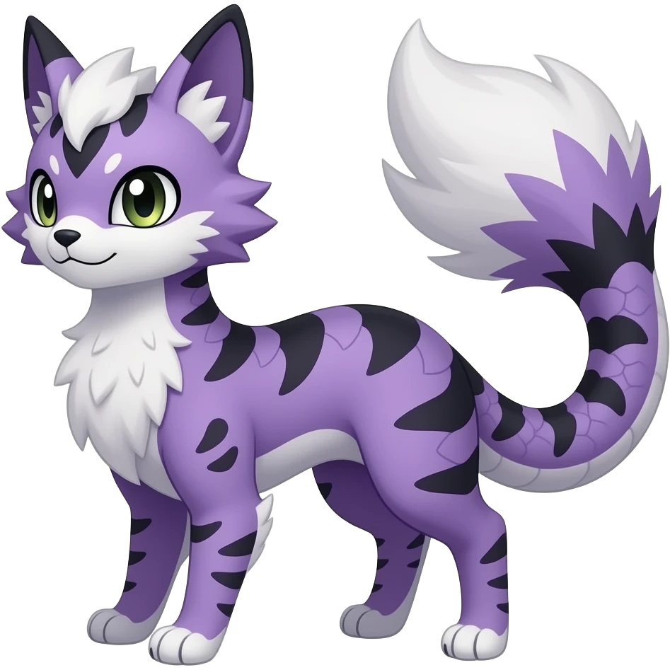 Furry, fluffy tropical flecked painted feathery scaly, Purple, white, black, Minccino-Lykoi-Linoone-Zangoose-fusion-hybrid-animal-Fakémon-creature, full body, thin long sleek scaly tail, intricate markings emoji