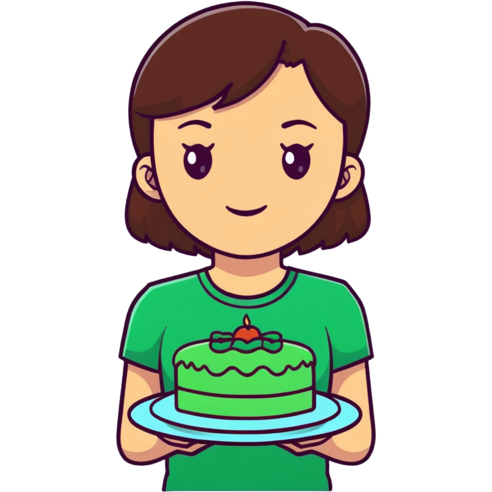 Young women with dark-brown hair and brown eyes in green t-shirt holding green cake on the plate emoji