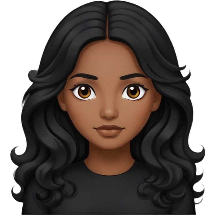 Mujer hermosa de cabello ondulado largo color negro, ojos negros, mexicana con una blusa color negra emoji