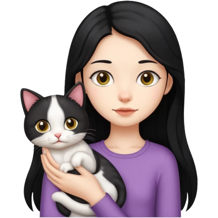skinny girl with long black hair holding a cute cat emoji