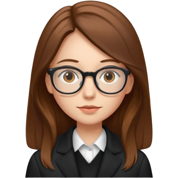 A girl with long brown hair and Thin reading glasses and black jacket  emoji