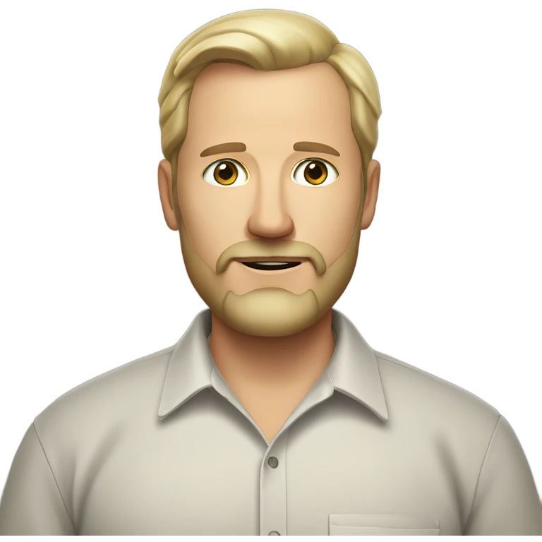 middle aged english man, short slicked back hair blonde, blonde medium length size full beard, in a smart unbuttoned shirt. emoji