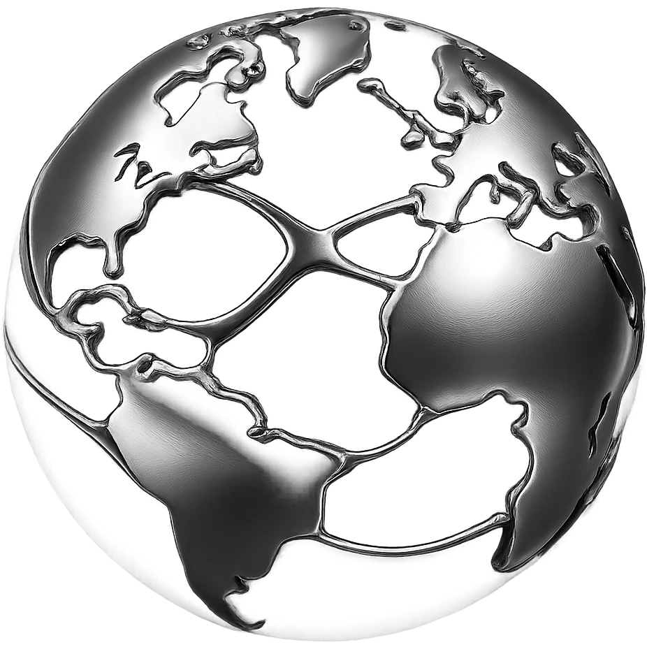 a 3D chrome world, interconnected, futuristic, metallic, seamless connections between continents, floating chrome bridges, glowing accents emoji